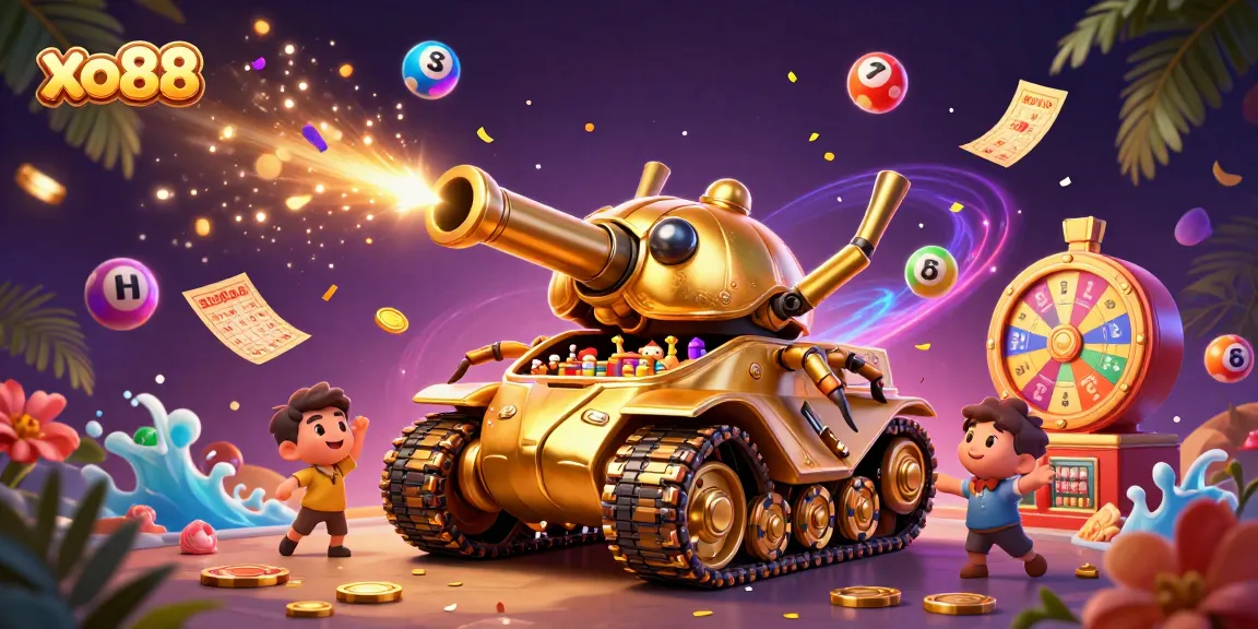 Engage with the vibrant world of xo88, featuring a golden beetle tank casino amidst colorful lottery elements.