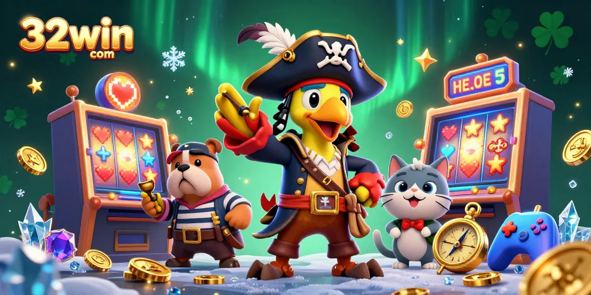 Experience the excitement of gaming at 32win com with colorful slot machines and pirate characters in a dynamic casino scene.